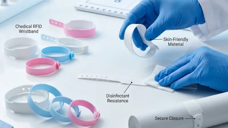 On-wrist RFID patient wristband read range test near blanket and hospital bed rail On-wrist RFID patient wristband read range test near blanket and hospital bed rail